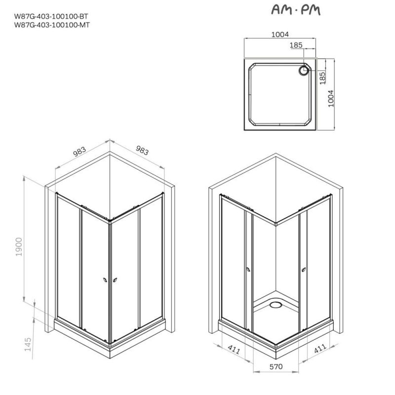 Душевой уголок AM.PM Sunny W87G-403-100100-BT 100x100 см, черный матовый