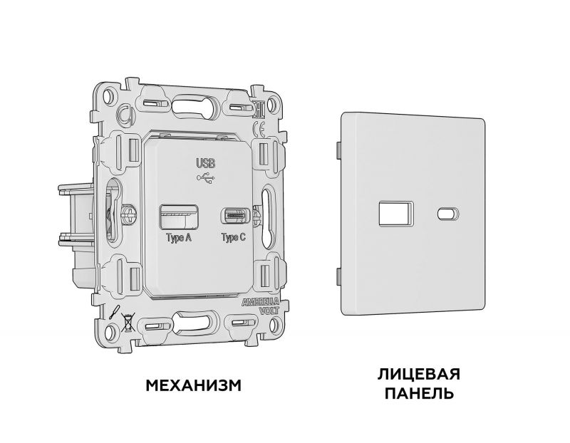 Комплект механизма розетки Ambrella Volt ALFA Белый глянец 2USB A+C 20W быстрая зарядка QUANT MA111010 фото 4