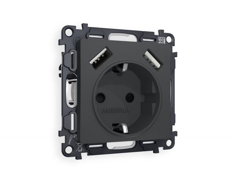 Комплект механизма электрической розетки Ambrella Volt ALFA Графит мягкое касание 2USB A+A 18W (быстрая зарядка) с/з (AP9090, VM155) MA909010 фото 1
