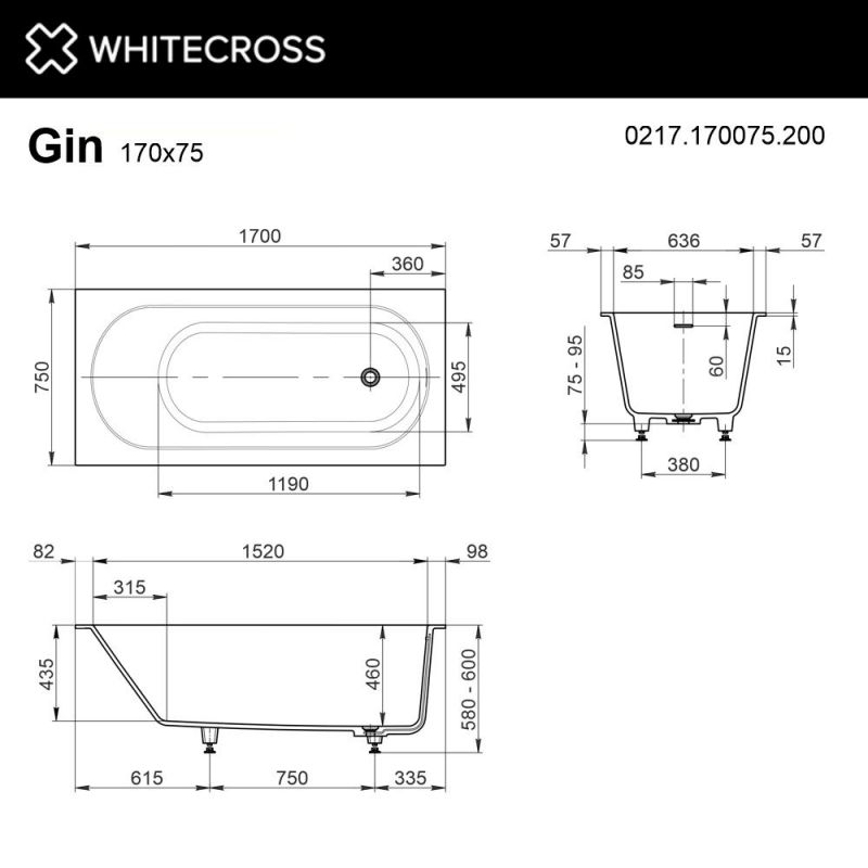 Ванна из искусственного камня WHITECROSS Gin 0217.170075.200 170x75 матовая фото 4