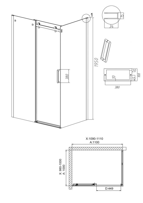 Душевой уголок Grossman Classic 120.K33.04.1110.21.10, 110х100 см, профиль черный матовый, стекло тонированное фото 3