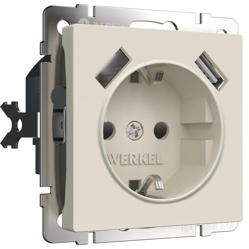 Розетка с заземлением, шторками и USBх2 (айвори матовый) Werkel W1171562 фото 1