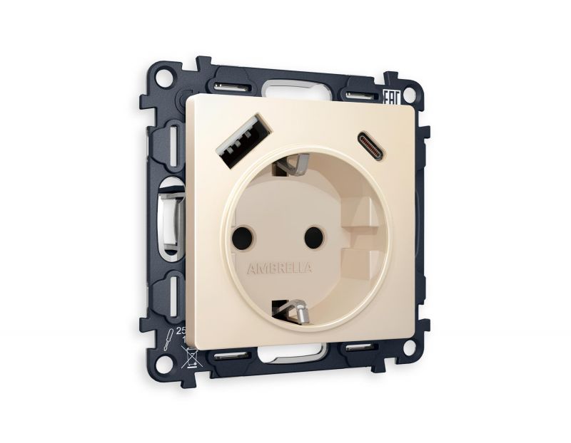 Комплект механизма электрической розетки Ambrella Volt ALFA Бежевый матовый 2USB A+C 20W (быстрая зарядка) с/з (AP3300, VM160) MA330010 фото 1