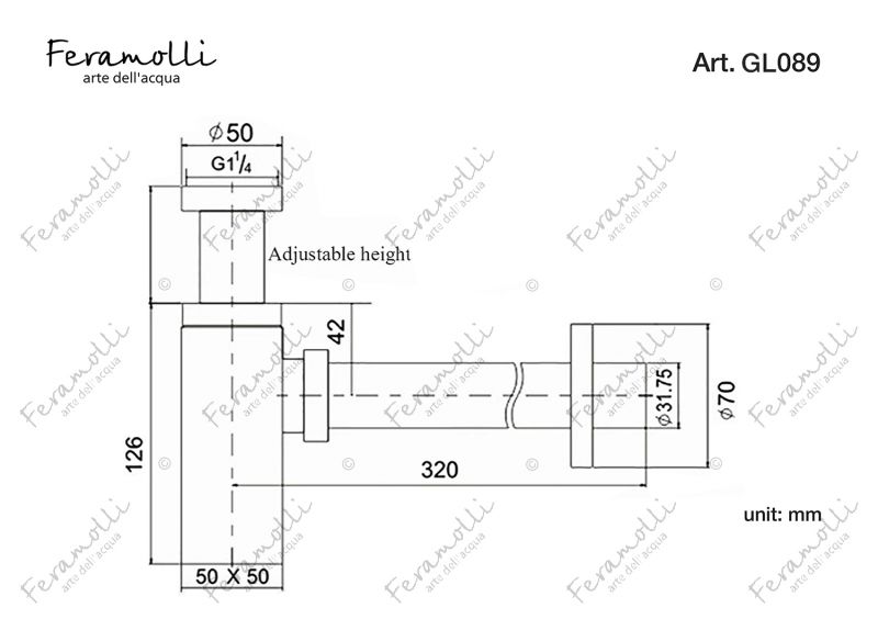 Квадратный сифон для раковины Feramolli Cubo GL089, золото