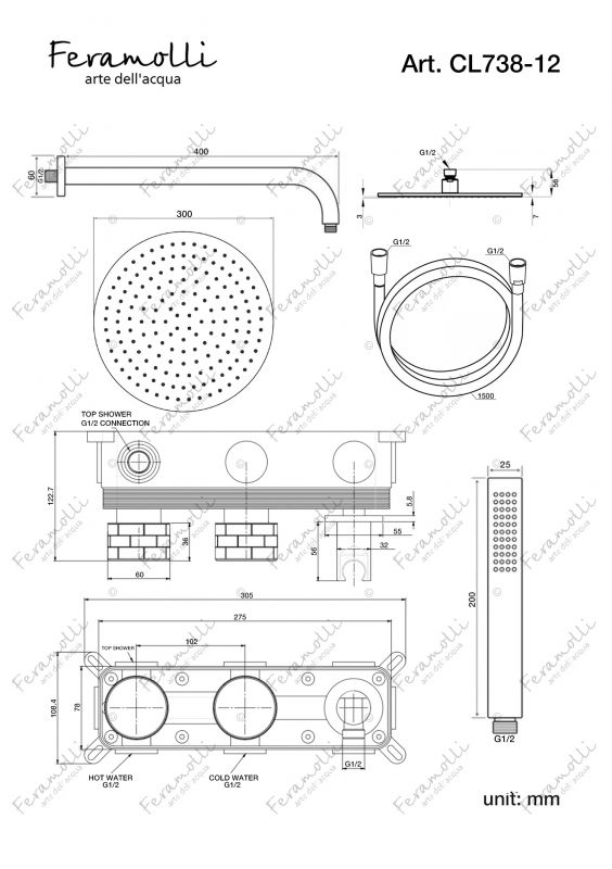 Прогрессивный комплект для душа Feramolli Amos CL738-12 (30см.), хром