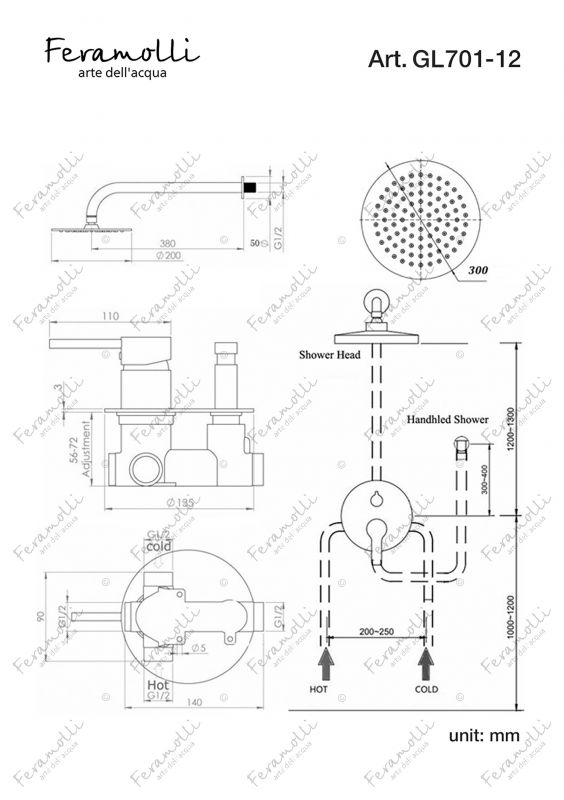 Душевой комплект Feramolli Ele GL701-12 (30см.), золото