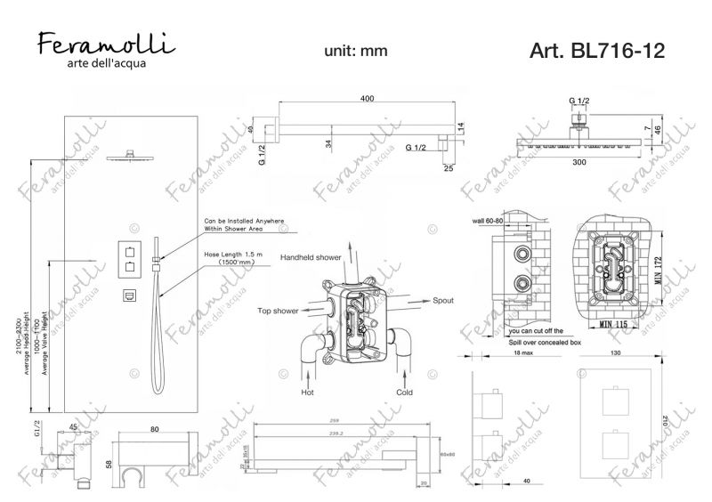 Душевой комплект с термостатом Feramolli Termostato BL716-12 (30см.), черный