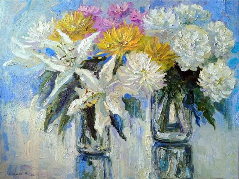 Картина "Натюрморт с хризантемами и лилиями" Наталья Герасимова