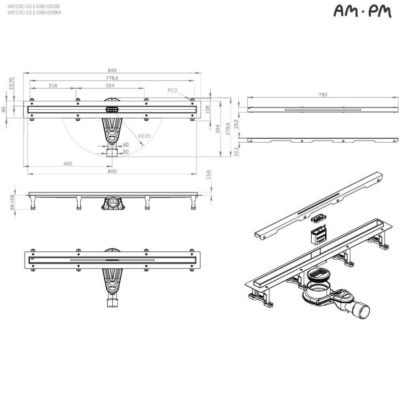 Душевой лоток AM.PM MasterFlow W01SC-S11-080-05SB сталь