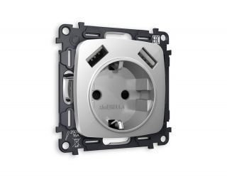Комплект механизма электрической розетки Ambrella Volt OMEGA Серебро глянец 2USB A+A 18W (быстрая зарядка) с/з (OP4090, VM155) MO409010