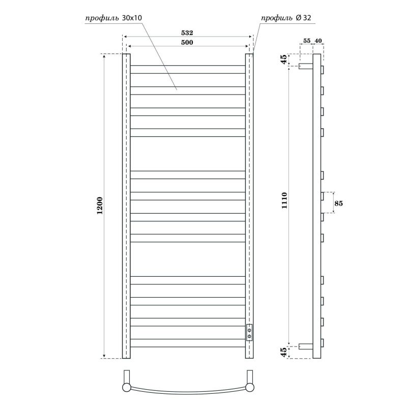 Полотенцесушитель электрический Point Антея PN17852W П12 500x1200, диммер справа, белый