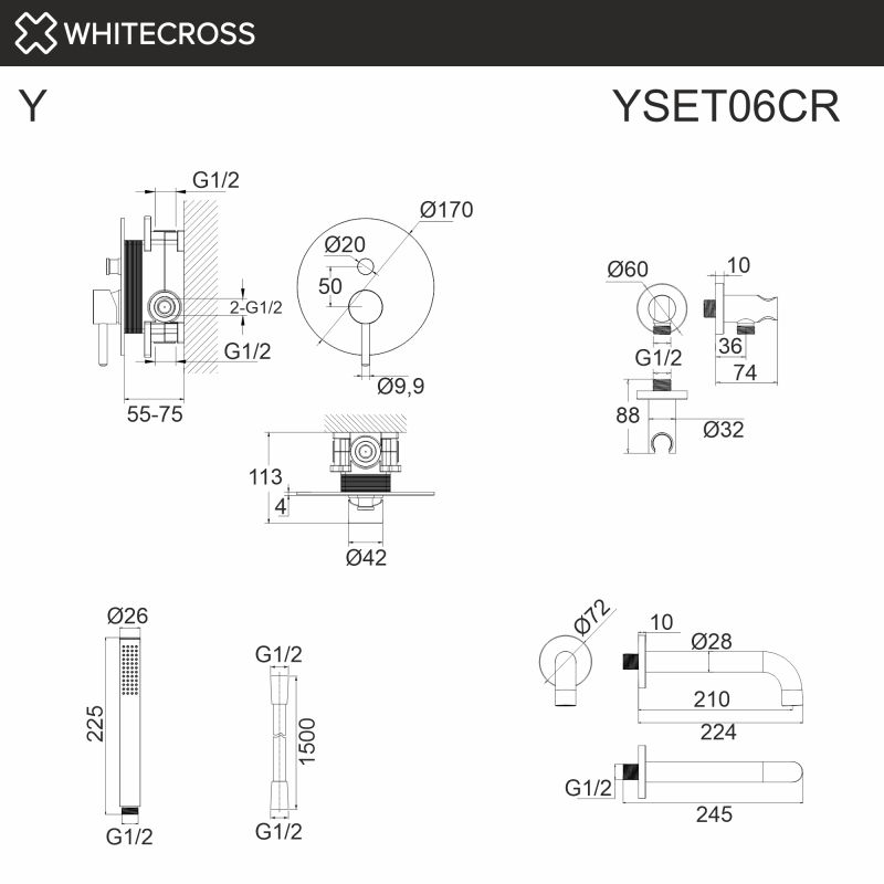 Система для ванны скрытого монтажа WHITECROSS Y YSET06CR, хром