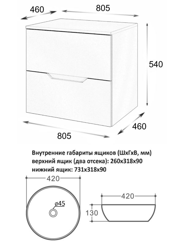 Подвесная тумба с раковиной Orange Line Li-80TugMDF+B07-420W, 80 см, графит/белая фото 6