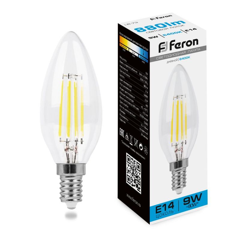 Лампа светодиодная Feron 9W 230V E14 6400K прозрачная, LB-73 38229