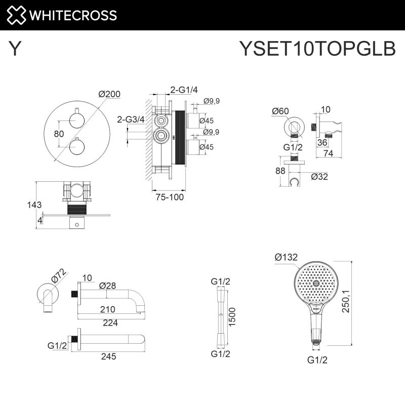 Термостатическая система для ванны скрытого монтажа WHITECROSS YSET10TOPGLB брашированное золото фото 3