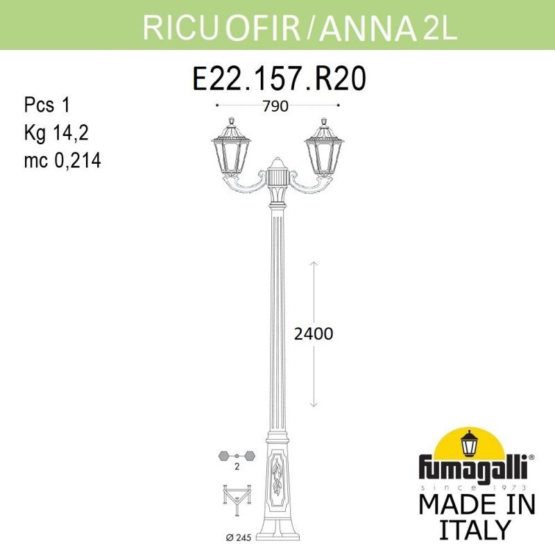 Садово-парковый фонарь Fumagalli ANNA черный, прозрачный E22.157.R20.AXF1R фото 2