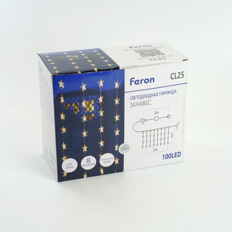 Светодиодная гирлянда Feron CL25 48608 занавес Звездочки 2*1м + 3м 230V 5000K, статичная, c питанием от сети, прозрачный шнур