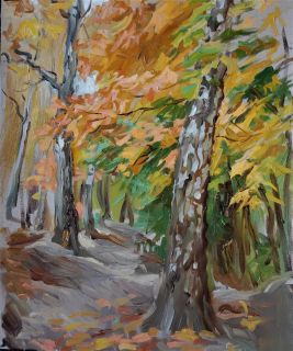 Картина "Листья клёна и стволы берёз, осень" Гаянэ Добровольская