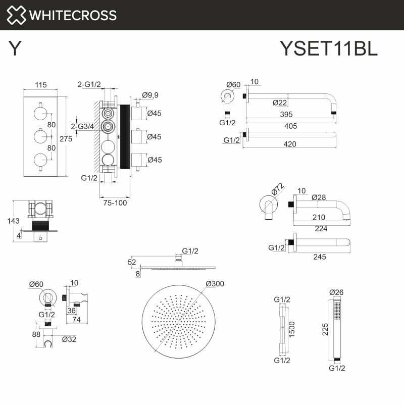 Термостатическая система для ванны скрытого монтажа WHITECROSS Y YSET11BL, черная матовая