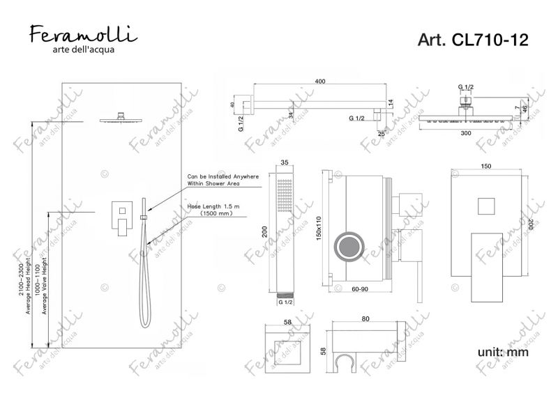 Душевой комплект Feramolli Cubo CL710-12 (30см.), хром