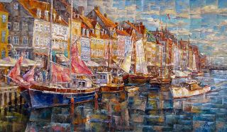 Картина "Солнечный вечер в Копенгагене. Яхта с розовыми парусами" Антон Колоколов