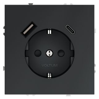 Розетка встраиваемая VOLTUM S70 с заземлением и защитными шторками, 16А, с USB, A+С, (графит) VLS040507