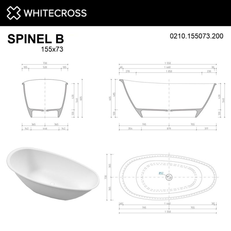 Ванна из искусственного камня WHITECROSS 0210.155073.200 Spinel B 155x73 белый матовый