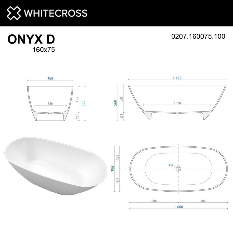 Ванна из искусственного камня WHITECROSS 0207.160075.100 Onyx D 160x75 белый глянец