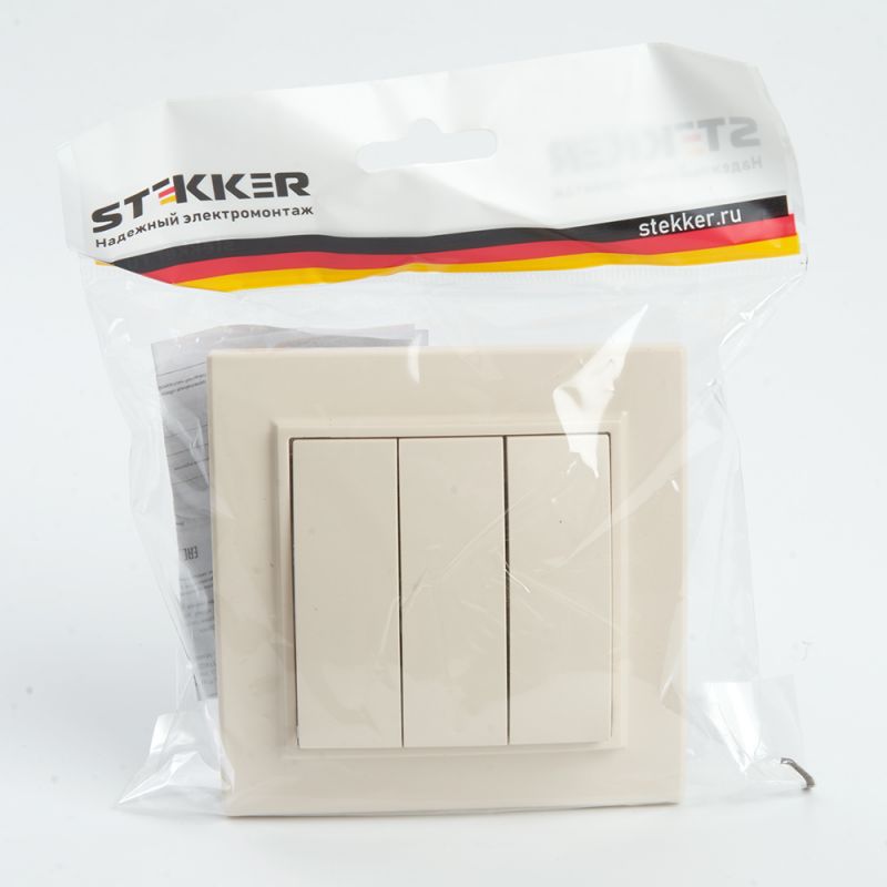 Выключатель 3-клавишный STEKKER  PSW10-9007-02, 250В, 10А, серия Эрна, слоновая кость 39923