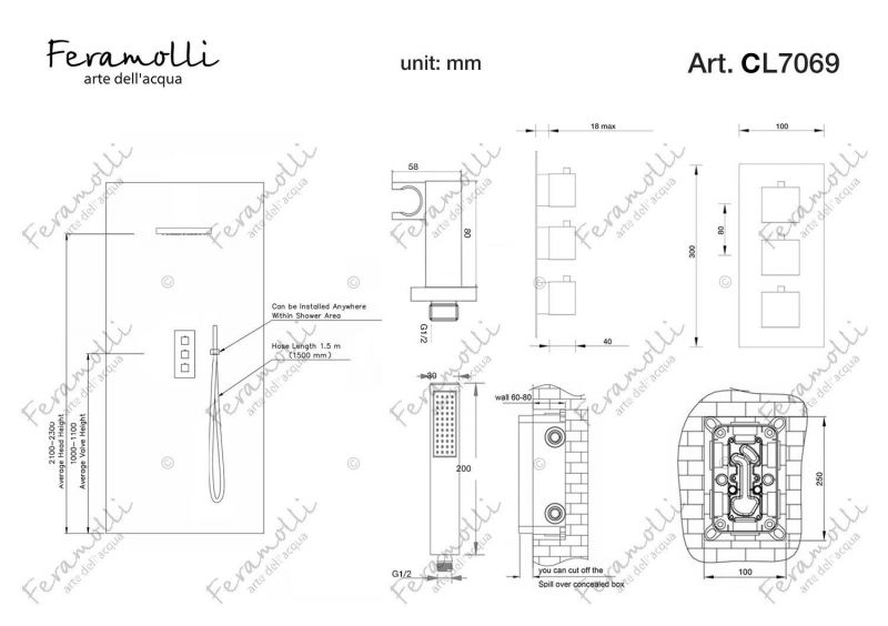 Термостатический комплект для душа Feramolli Termostato CL7069, хром