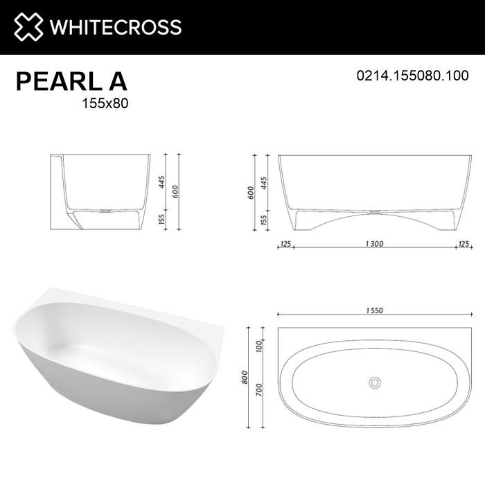 Ванна из искусственного камня WHITECROSS 0214.155080.100 Pearl A 155x80 белый глянец