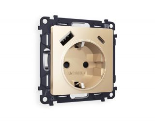 Комплект механизма электрической розетки Ambrella Volt ALFA Шампань 2USB A+C 20W быстрая зарядка с заземлением и шторками 2P+E 16A-250V QUANT MA610010