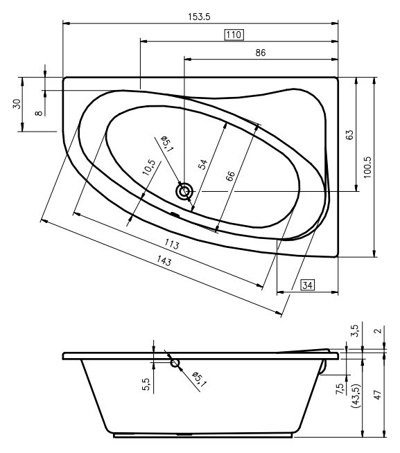 Акриловая ванна Riho Aryl B022001005 153x100 L