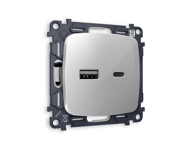 Комплект механизма розетки Ambrella Volt OMEGA Серебро глянец 2USB A+C 20W (быстрая зарядка) (OP4110, VM177) MO411010 фото 1