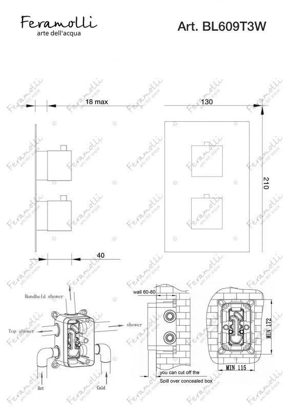 Термостатический смеситель скрытого монтажа на 3 потока Feramolli Termostato BL609T3W, черный