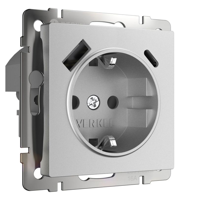 Розетка с заземлением, шторками и USB тип A+C  (серебряный матовый) Werkel W1171765 фото 1