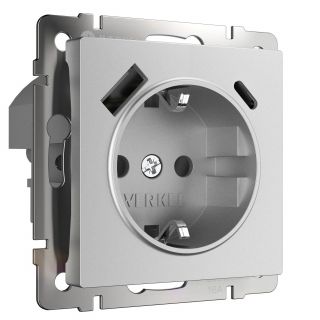 Розетка с заземлением, шторками и USB тип A+C  (серебряный матовый) Werkel W1171765