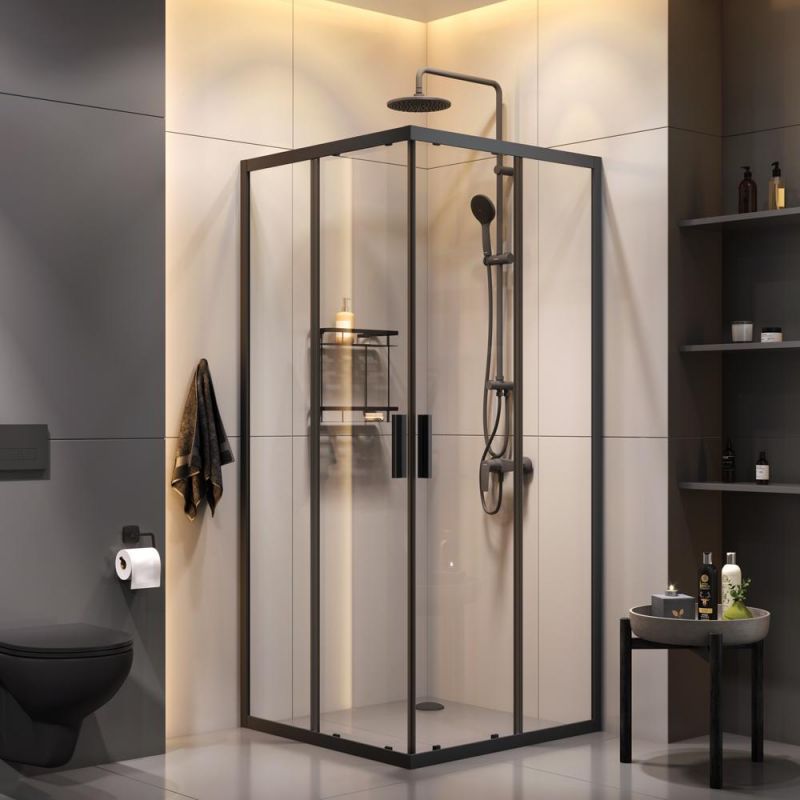 Душевой уголок AMPM Gem S WK93EP 90x90 с душевой стойкой и аксессуарами, профиль черный матовый, стекло прозрачное фото 1