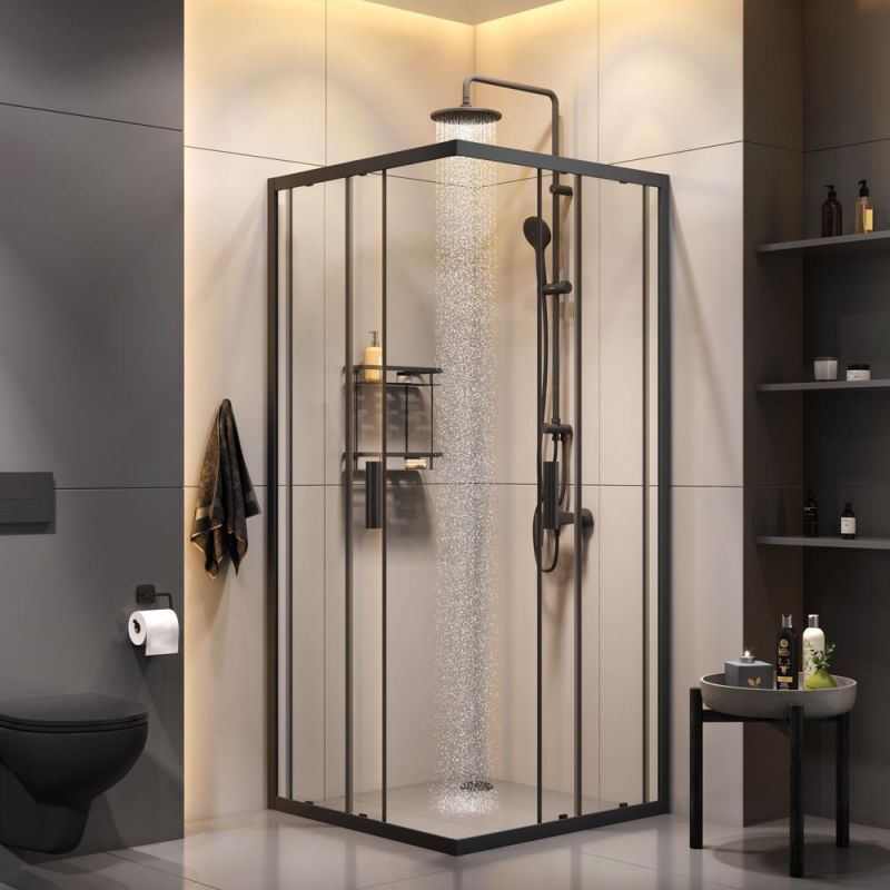 Душевой уголок AMPM Gem S WK93EP 90x90 с душевой стойкой и аксессуарами, профиль черный матовый, стекло прозрачное фото 4