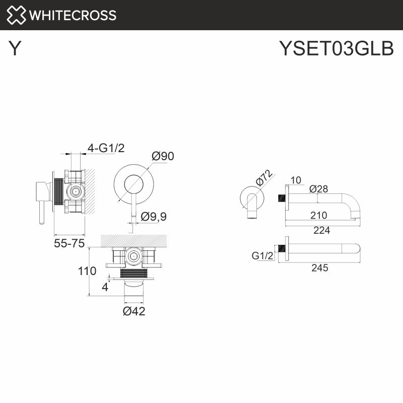 Система для ванны скрытого монтажа WHITECROSS Y YSET03GLB, брашированное золото