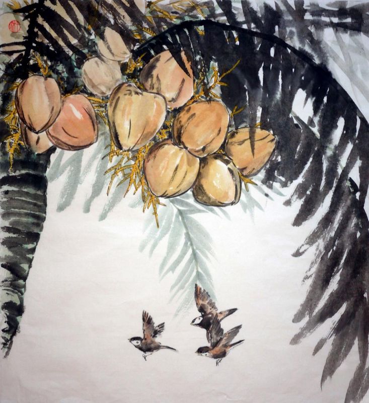 Картина "Кокосовая пальма и летящие воробьи" Николай Мишуков