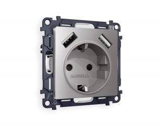 Комплект механизма электрической розетки Ambrella Volt ALFA Сталь матовый 2USB A+A 18W быстрая зарядка с заземлением и шторками 2P+E 16A-250V QUANT MA509010