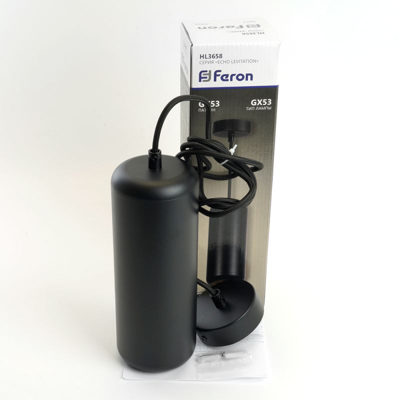 Светильник потолочный Feron HL3658 Barrel ECHO levitation  12W, 230V, GX53, чёрный, с  антибликовой сеточкой, на подвесе 1,7 м 48403