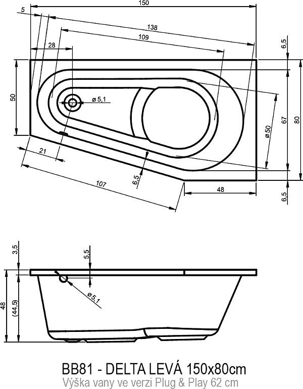 Акрилова ванна Riho Delta B067007005 150х80 см.