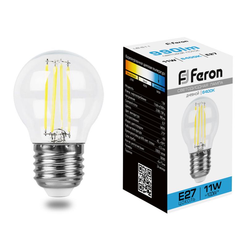 Лампа светодиодная Feron 11W 230V E27 6400K прозрачная, LB-511 38226