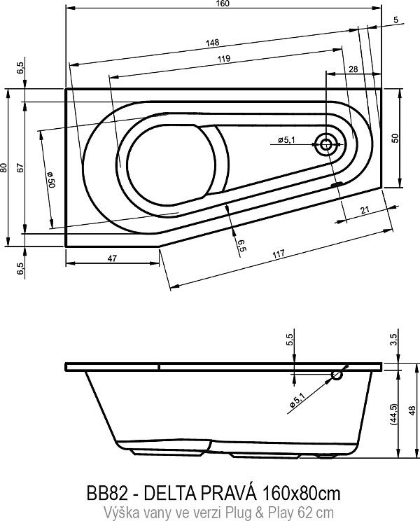 Акрилова ванна Riho Delta B068007005 160х80 см.