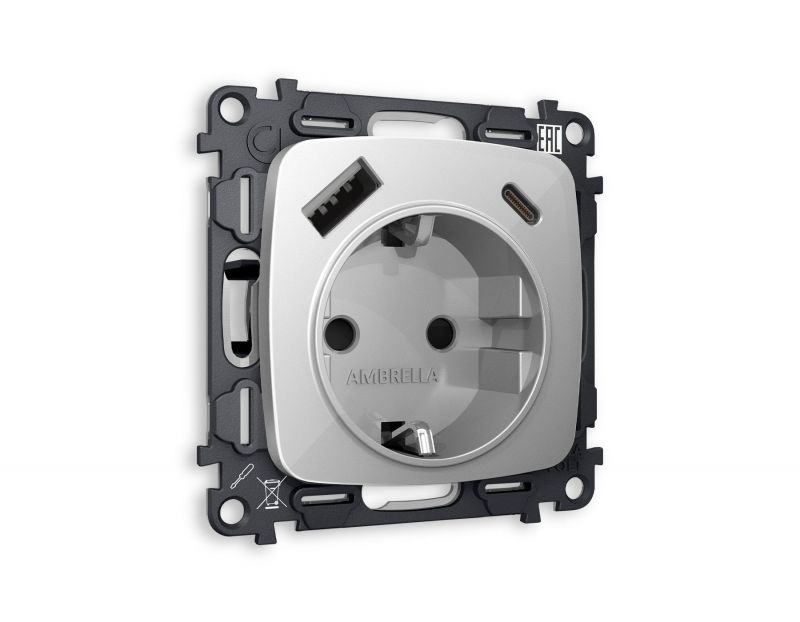 Комплект механизма электрической розетки Ambrella Volt OMEGA Серебро глянец 2USB A+C 20W (быстрая зарядка) с/з (OP4100, VM160) MO410010 фото 1