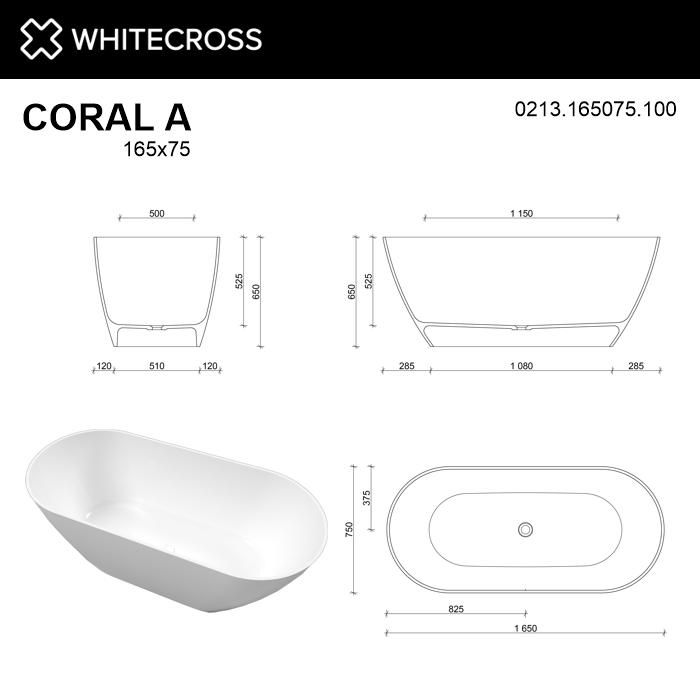 Ванна из искусственного камня WHITECROSS 0213.165075.100 Coral A 165x75 белый глянец