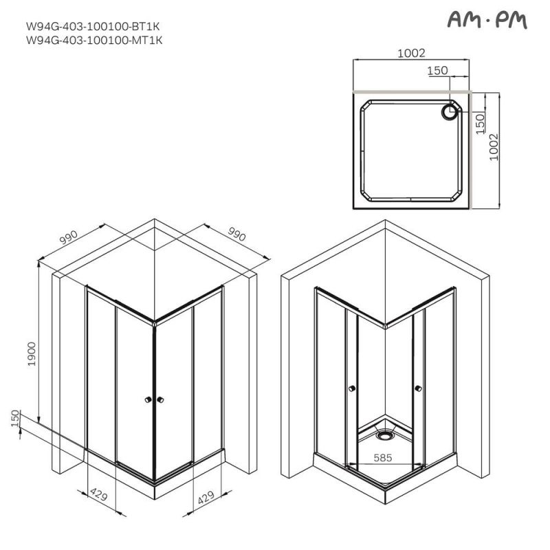 Душевой уголок AMPM X-joy W94G-403-100100-BТ1К 100x100 см, профиль черный матовый, стекло прозрачное фото 8