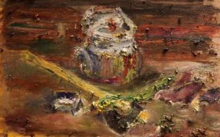 Картина "Натюрморт с чайником, топором, кассетой и одуванчиками" Роман Рахматулин